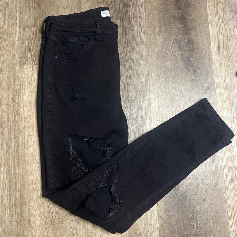 Topshop Moto Jamie‎ Distressed Black Wash High Rise Skinny Jeans W32 L32